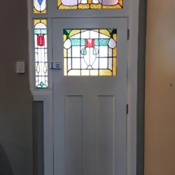 Restored heritage stained glass front entrance with door, sidelights and highlight panel